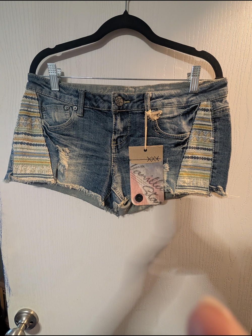 Vanilla Star Light Blue Distressed Denim Shorts with Patterned Side Panels